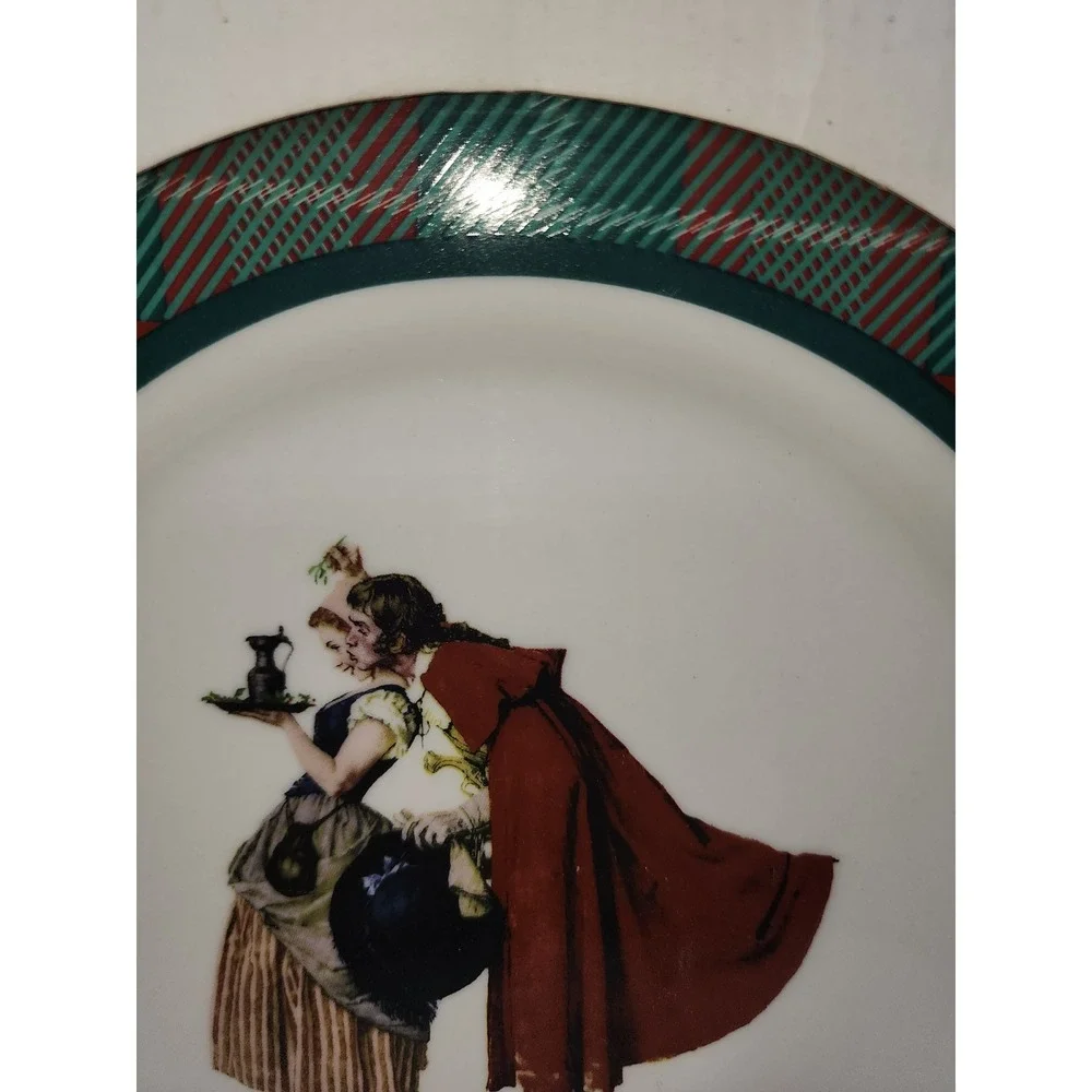 Norman Rockwell Mistletoe Christmas Collector Plate Red Green Plaid Border